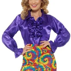 Purple Satin Satin Ruffle Ladies Shirt