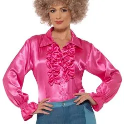 Pink Satin Ruffle Ladies Shirt