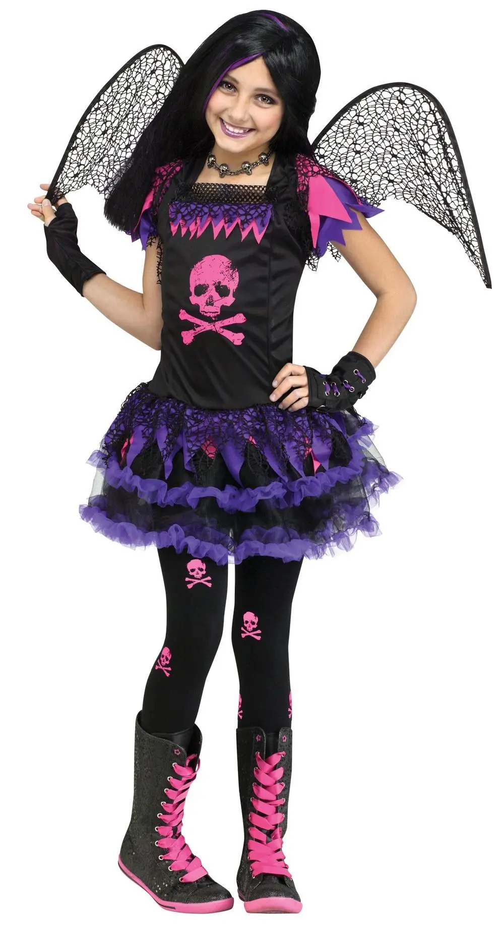 Girls Pink Skull Fairy Costume 3 Girls Pink Skull Fairy Costume